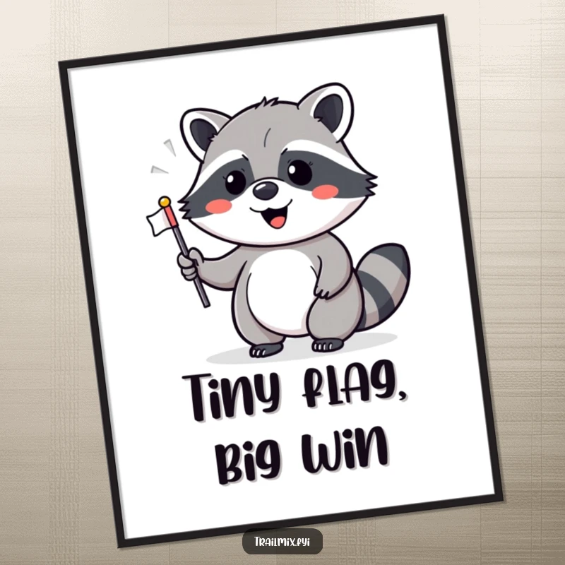 Funny digital art print of a cheerful raccoon waving a tiny flag, ready to be printed for instant funny, festive decor.