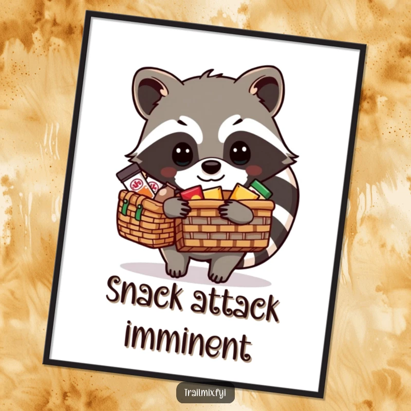 Funny Raccoon Digital Art: A resourceful raccoon meticulously packs a picnic basket with snacks, offering instant humorous wall decor.