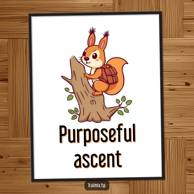 Funny determined squirrel with backpack climbing a stylized tree, digital art print for humorous wall decor.