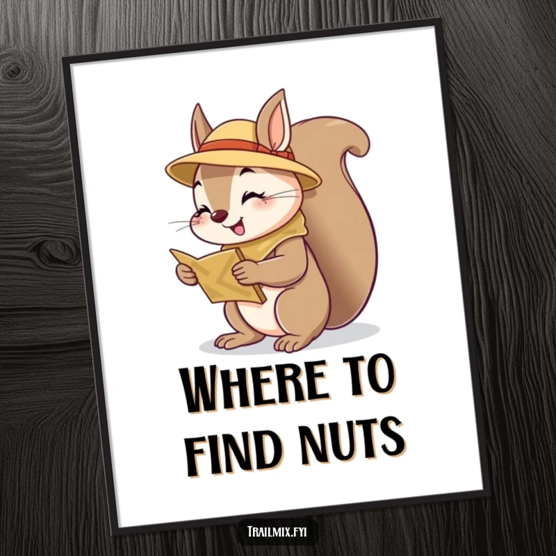 Funny squirrel scout digital art print, cheerful and curious, looking at a map, printable wall decor for nature lovers.