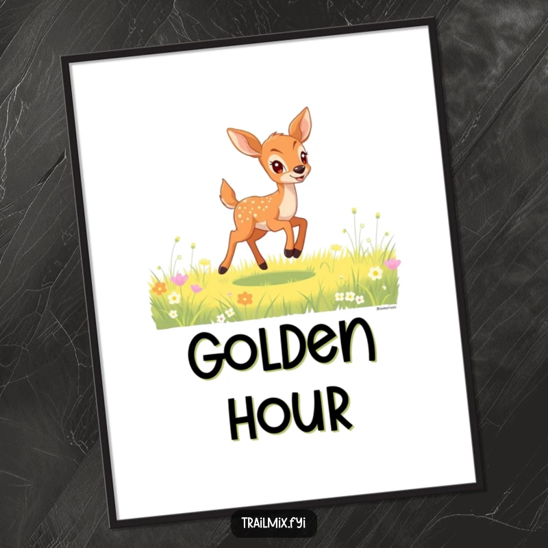 Funny deer fawn digital art print of a gleeful fawn bounding joyfully through a sunlit meadow, capturing pure meadow delight.