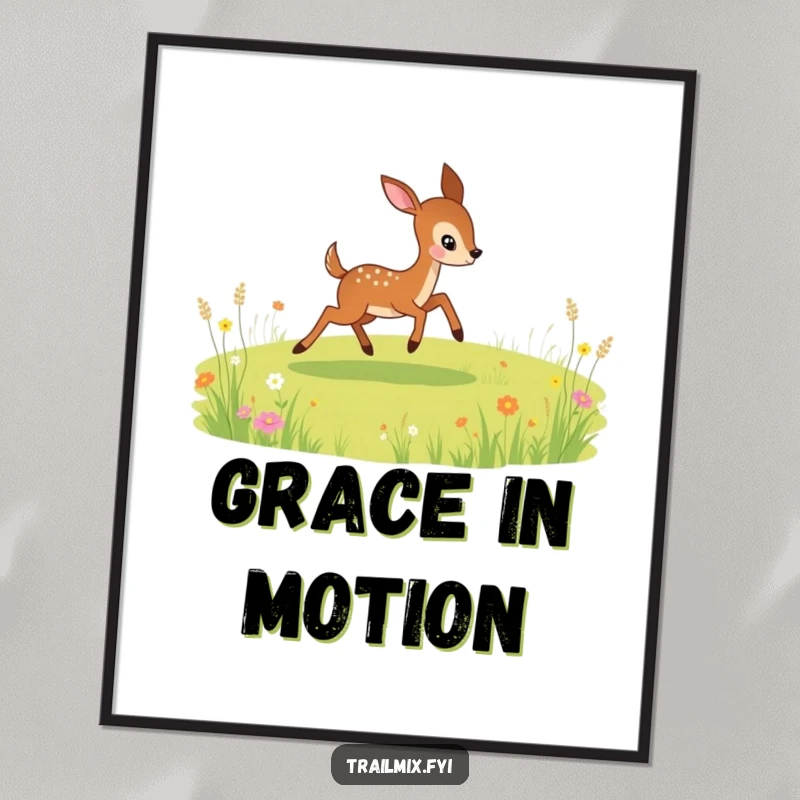 Funny digital art print of a playful deer bounding energetically across a meadow, capturing a sense of wild freedom.