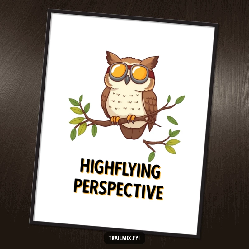 Funny digital art print of a brave owl wearing goggles surveying the trail from a high branch, bringing adventurous and humorous decor.