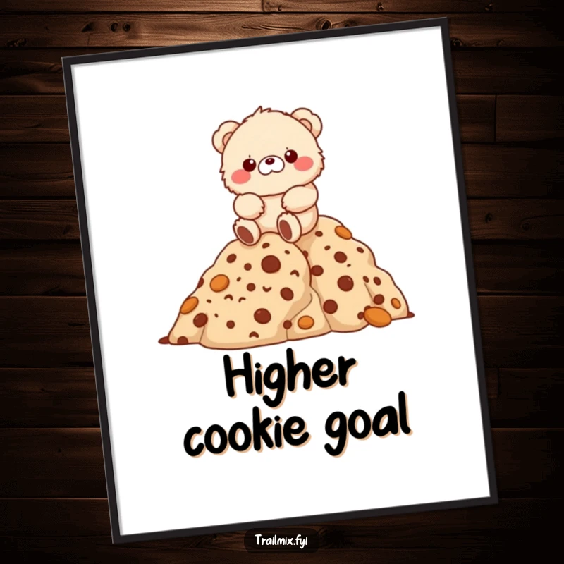 Funny fluffy bear character joyfully hiking up a mountain of cookies, presented as digital art.