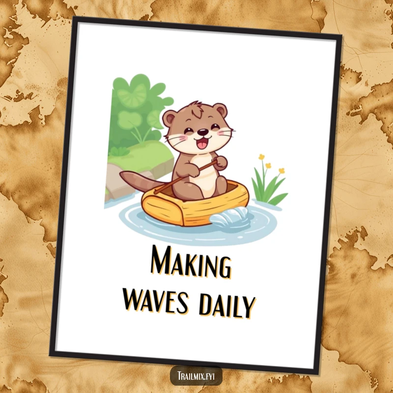 Funny digital art print of a happy otter paddling a raft, perfect for instant download and adding humorous, aquatic-themed decor.