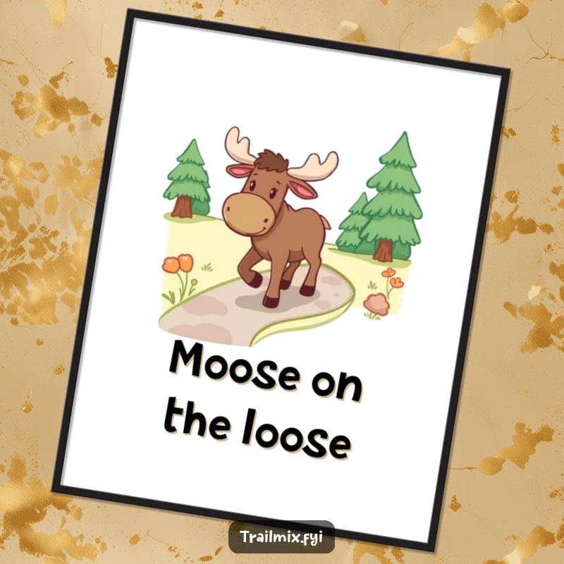 Funny moose digital art print, depicting a cheerful moose ambling along a winding path, serene and full of natural beauty.