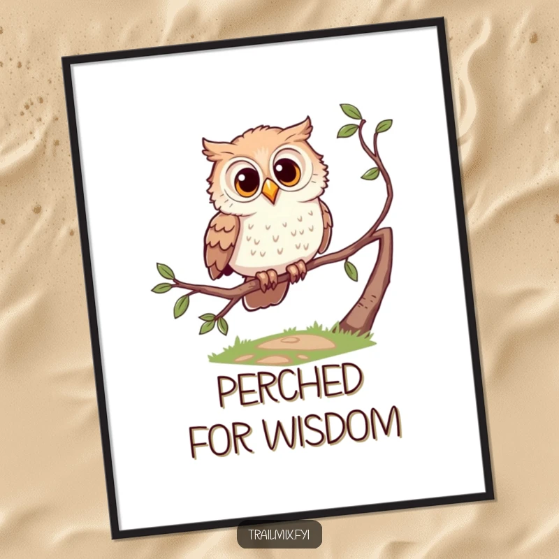 Funny digital art print of a curious owl character perched on a branch, looking down a path inquisitively.