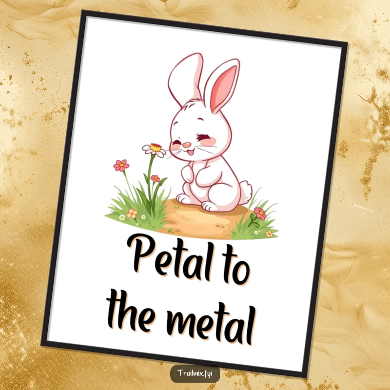 Funny rabbit digital art print of a giggling character curiously sniffing a wildflower on a path, capturing nature's delight.