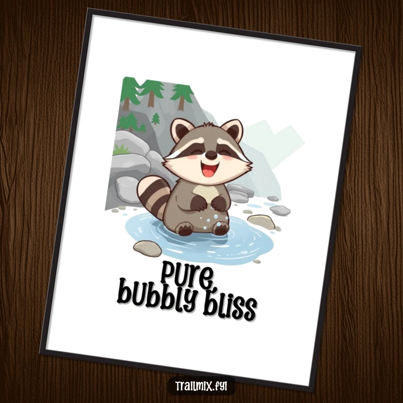 Funny Giggling Raccoon Digital Art Print featuring a joyful raccoon washing its paws in a clear stream, ready for instant download and display.