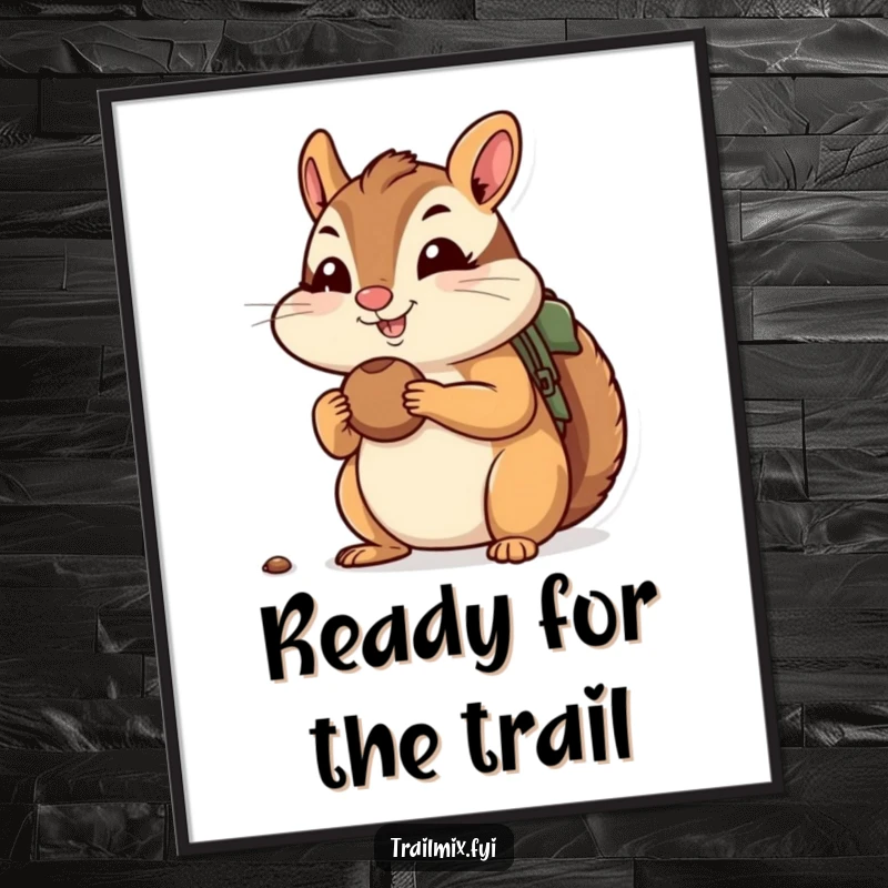 Funny digital art print of a cheerful chipmunk stuffing its cheeks with nuts, ready for a hike, bringing outdoor charm.
