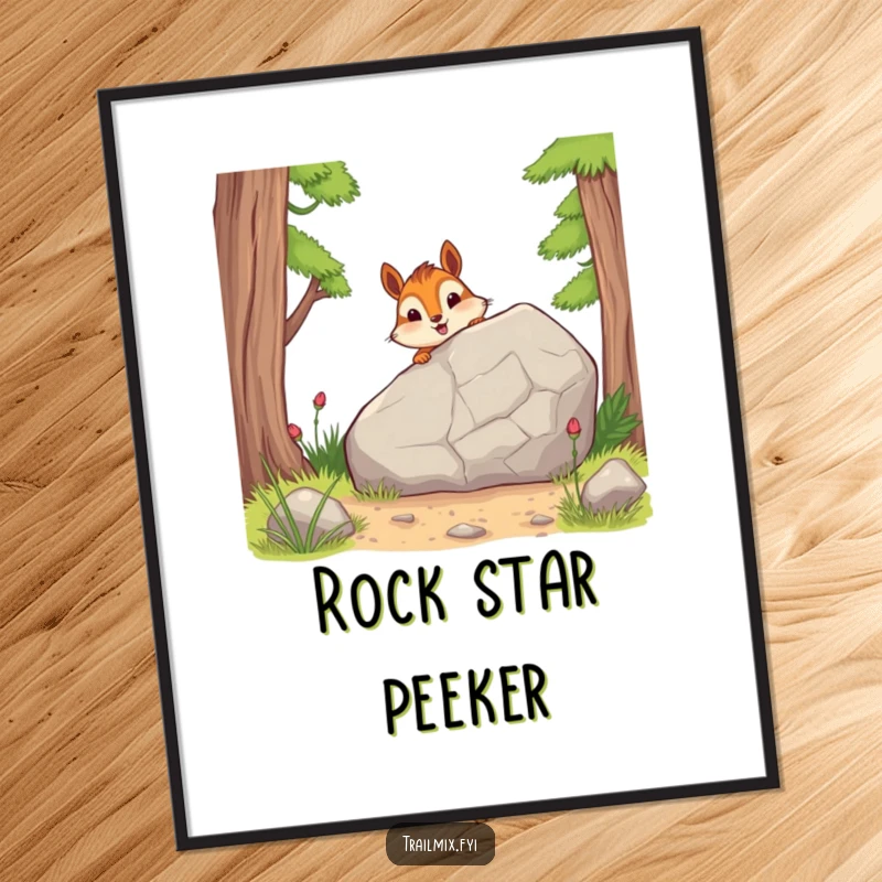 Funny digital art print shows a cheerful chipmunk peeking from behind a rock, a whimsical and humorous piece for instant download.