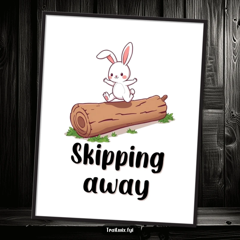 Funny energetic bunny character joyfully skipping over a fallen log, displayed as digital art.