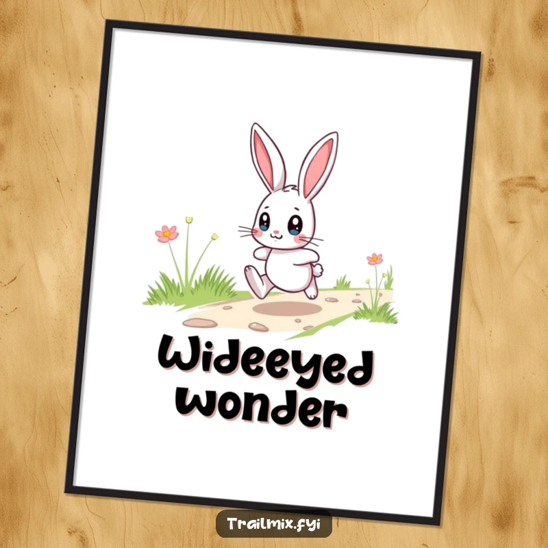 Funny playful bunny hopping across a trail with wide eyes, digital art print for humorous wall decor.