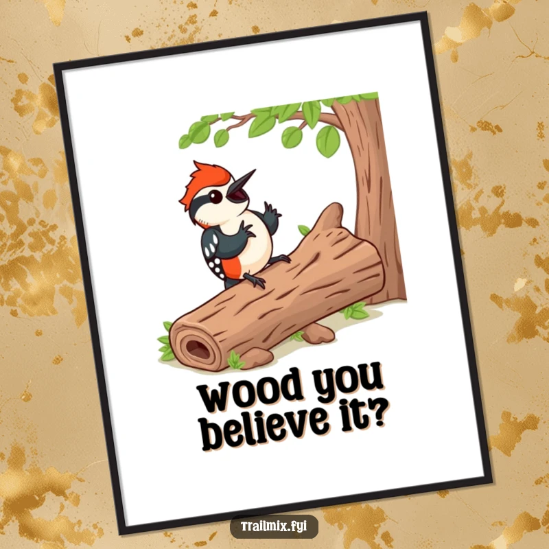Funny digital art print of a happy woodpecker rhythmically tapping on a log, perfect for printing as humorous wall decor.