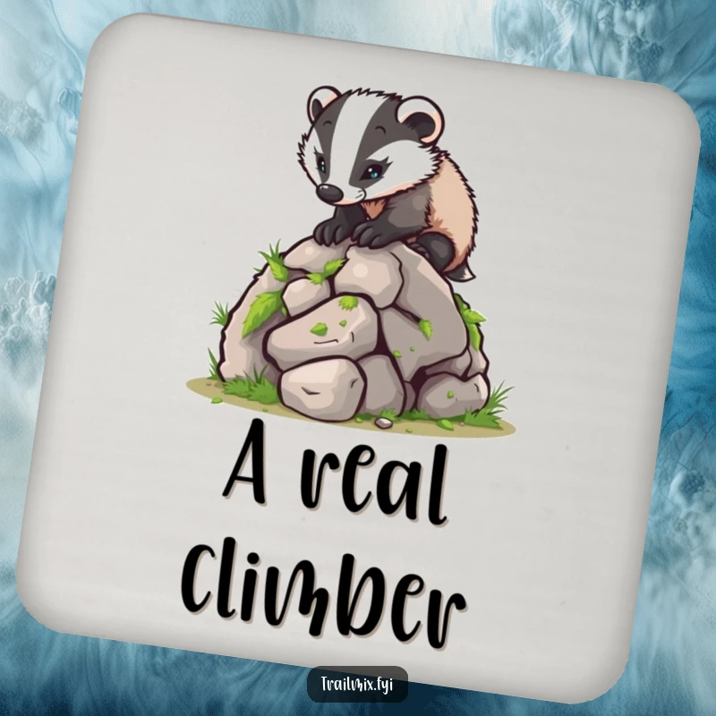 Funny coaster showcases a determined badger scaling a mossy boulder, a humorous protective accessory for tables.