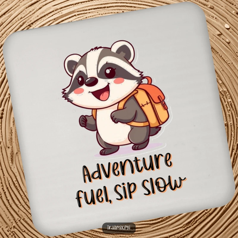 Funny drink coaster depicting a smiling cartoon badger enthusiastically carrying a small knapsack, adding a touch of adventure.