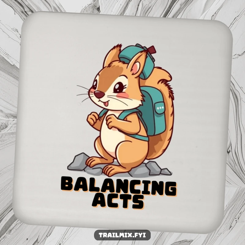 Funny determined squirrel character balancing a backpack on its head while climbing on a drink coaster.