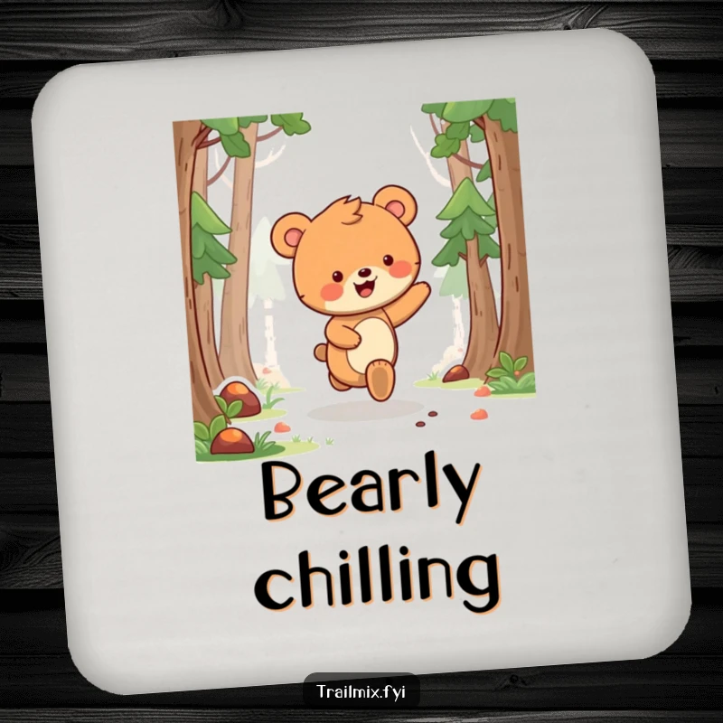 Funny bear cub drink coaster showing a delighted bear cub skipping along a forest path, adding cute forest flair.
