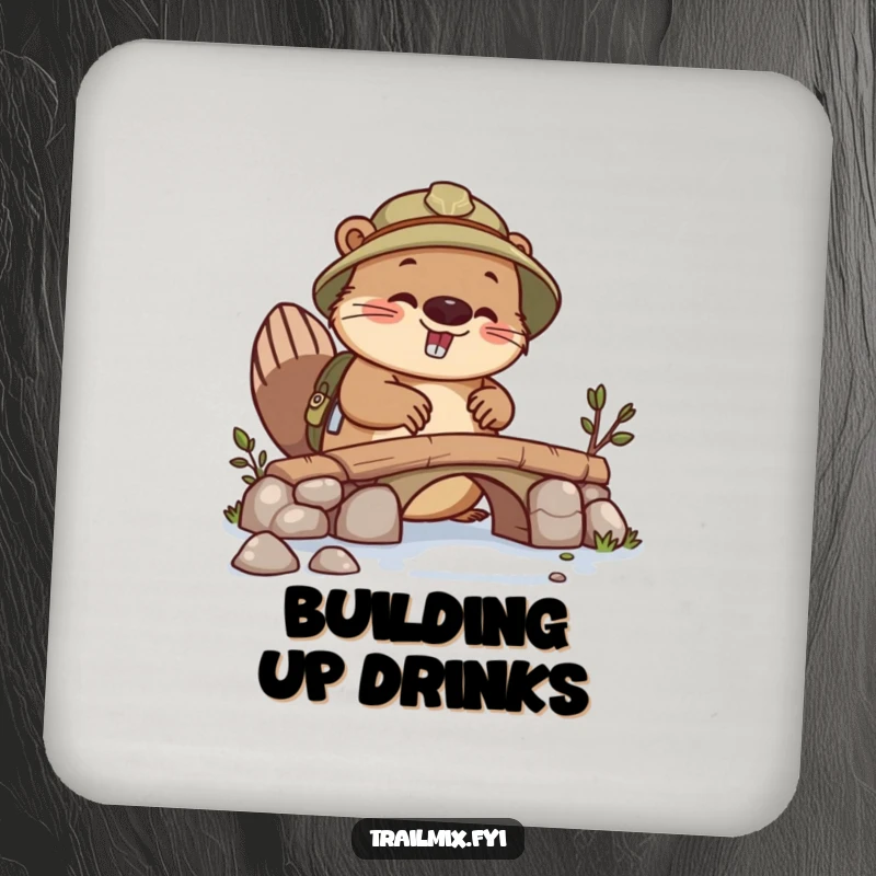 Funny beaver explorer coaster, busy building, protects furniture, adds industrious charm.