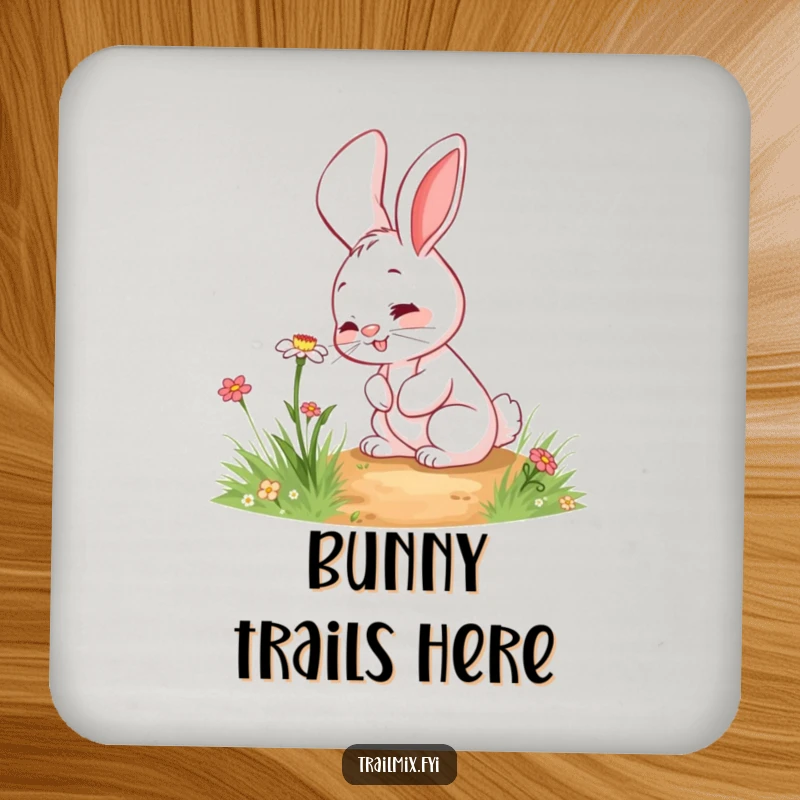 Funny rabbit coaster with a giggling character curiously sniffing a wildflower on a path, protecting furniture with charm.