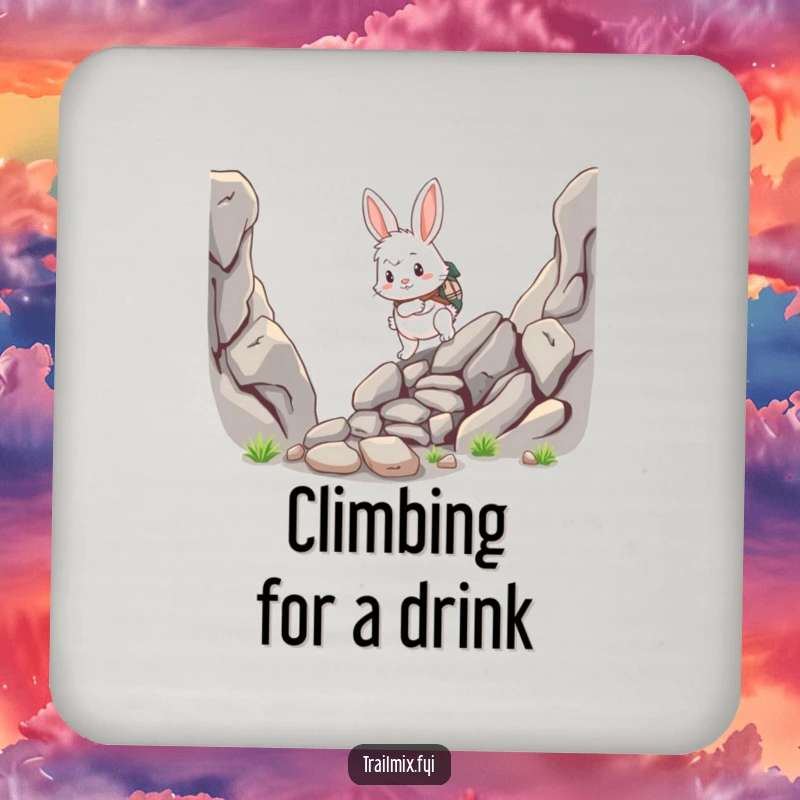 Funny rabbit coaster, fluffy adventurer scrambling up a rocky path, protective tabletop accessory, humorous barware.