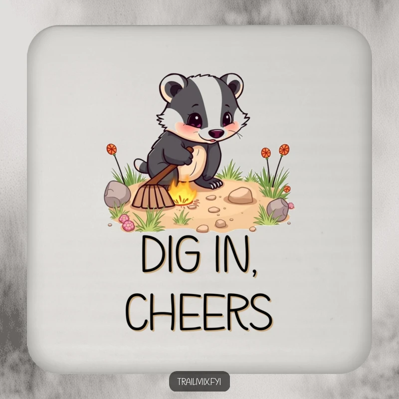 Funny coasters feature an energetic badger digging enthusiastically, offering protection with a touch of driven, humorous charm.