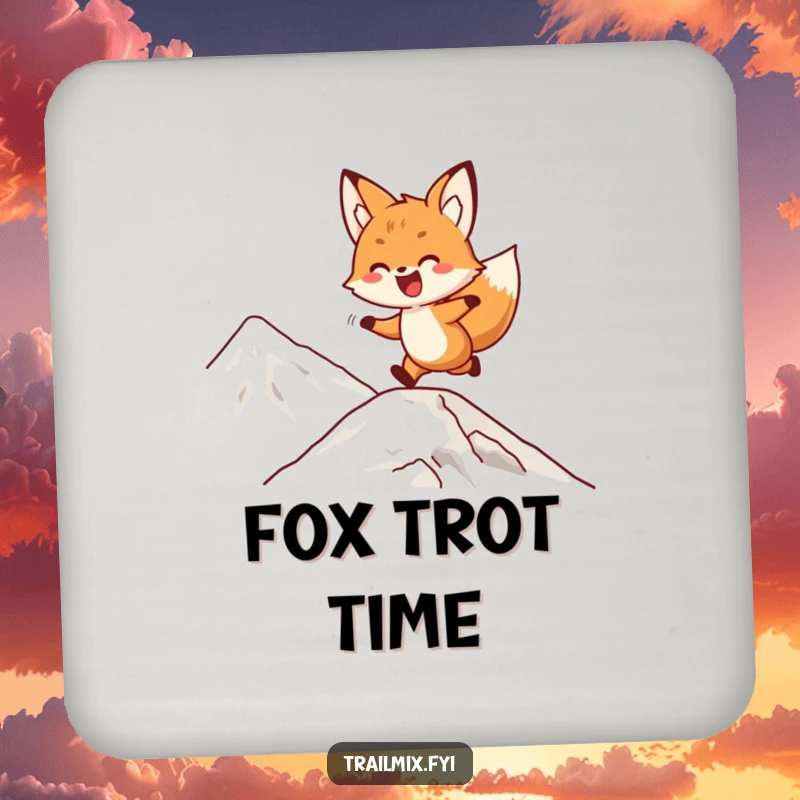 Funny fox coaster with a delighted character playfully bounding up a mountain slope, protecting furniture with cheerful energy.