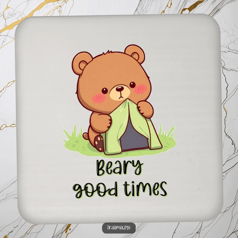 Funny determined bear character setting up a small tent, printed on a round drink coaster.