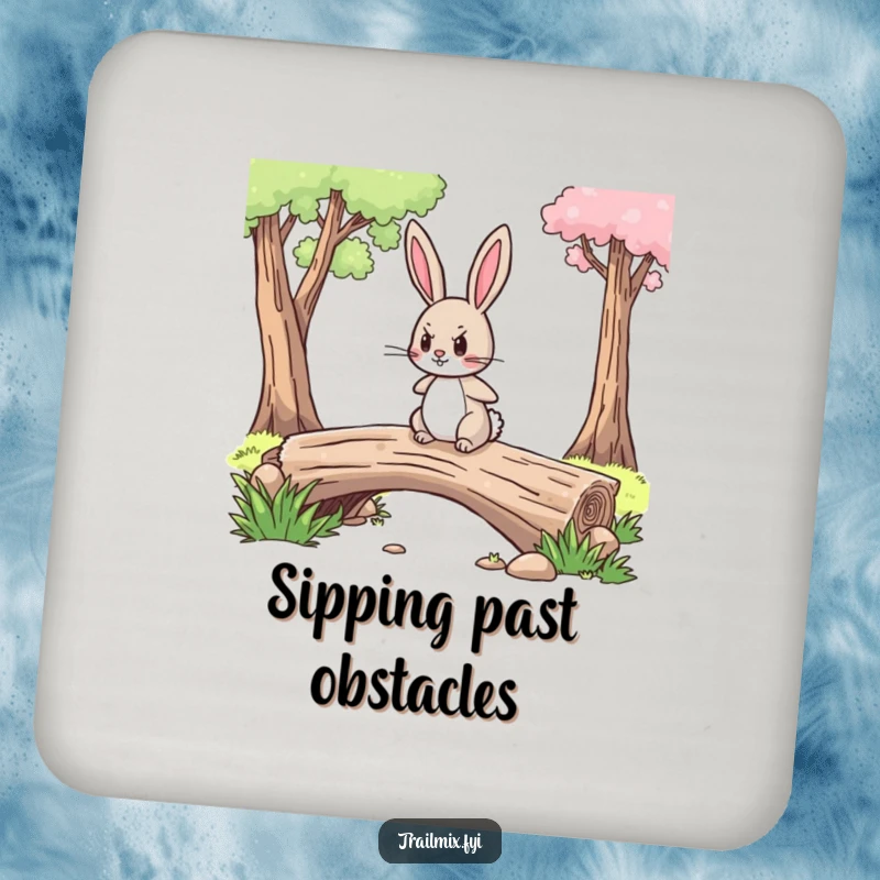 Funny drink coaster with a brave rabbit determinedly crossing a log bridge, protecting surfaces stylishly.