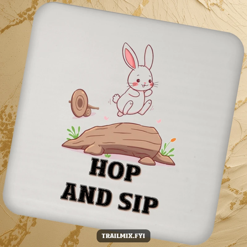Funny bunny rabbit drink coaster, depicted playfully leaping over a fallen log, a humorous way to protect surfaces.