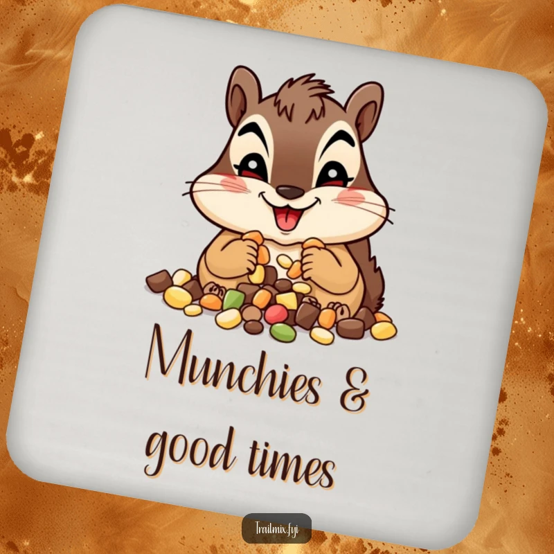 Funny chipmunk coaster, happily munching trail mix, adding a cheerful and protective touch to your drink station.