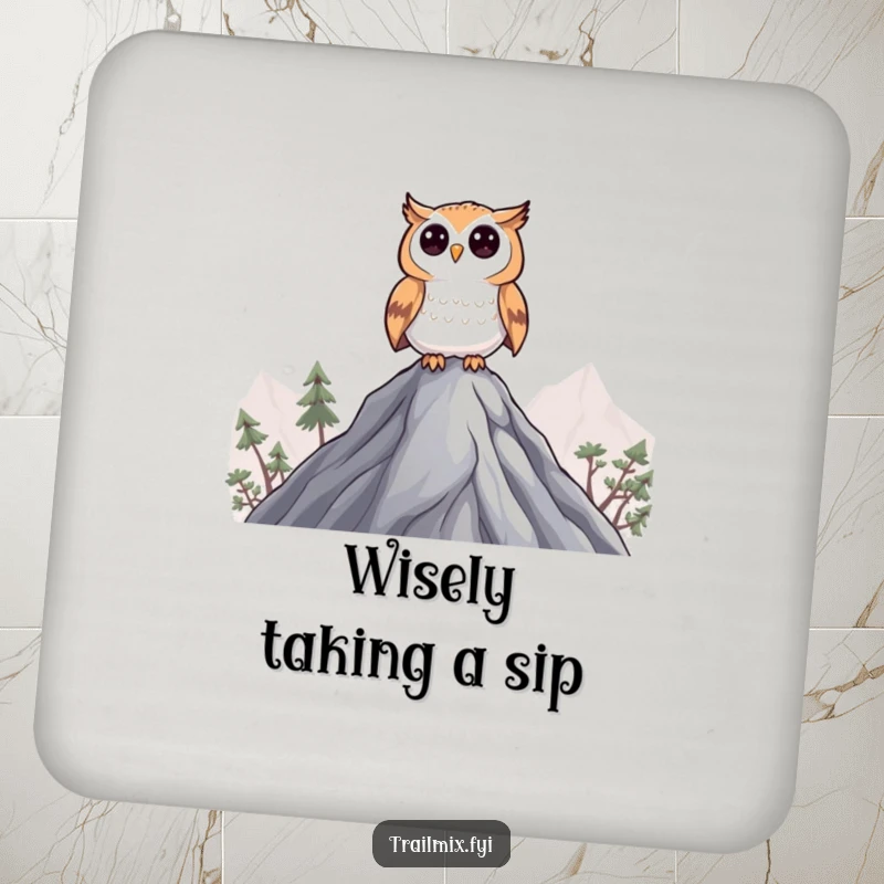Funny Curious Owl Coaster: A coaster featuring a curious owl character perched on a peak, surveying.