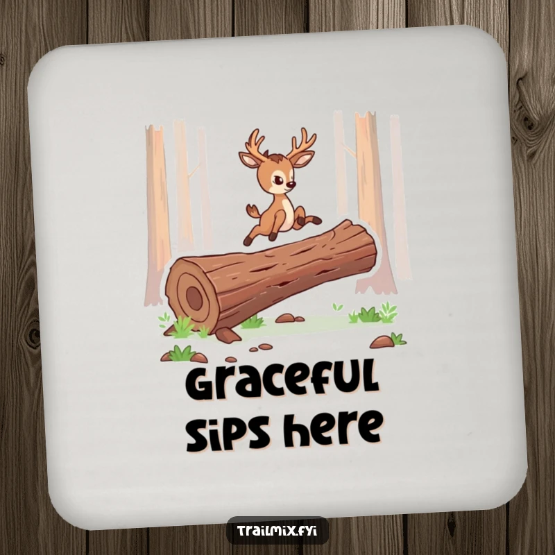 Funny drink coasters showing a determined deer character leaping gracefully over a log, adding a touch of elegance and nature.