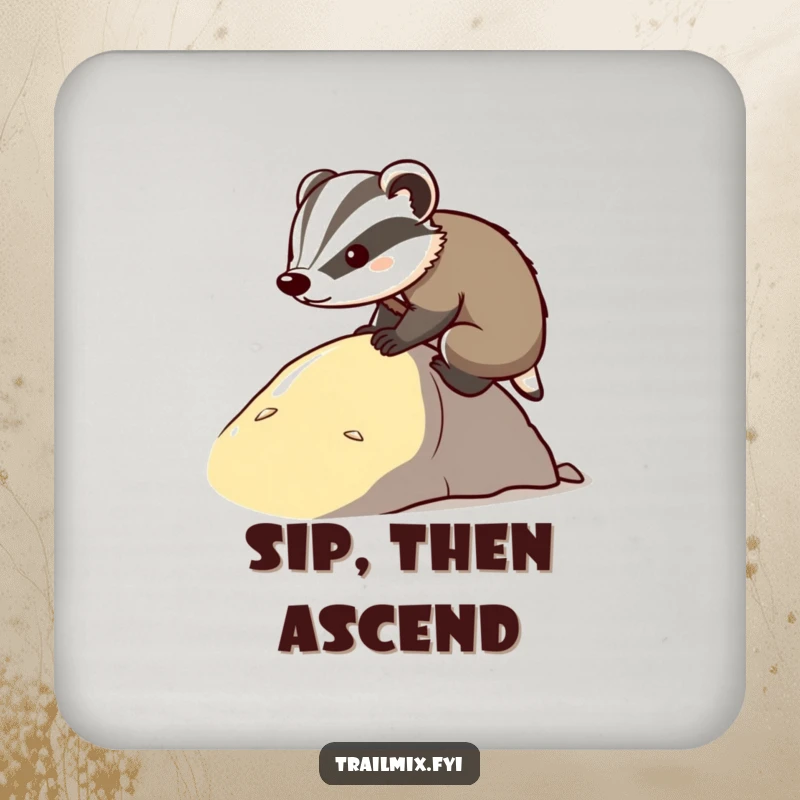 Funny determined badger coaster, shown climbing a slope, representing perseverance. Humorous and practical drink accessory.
