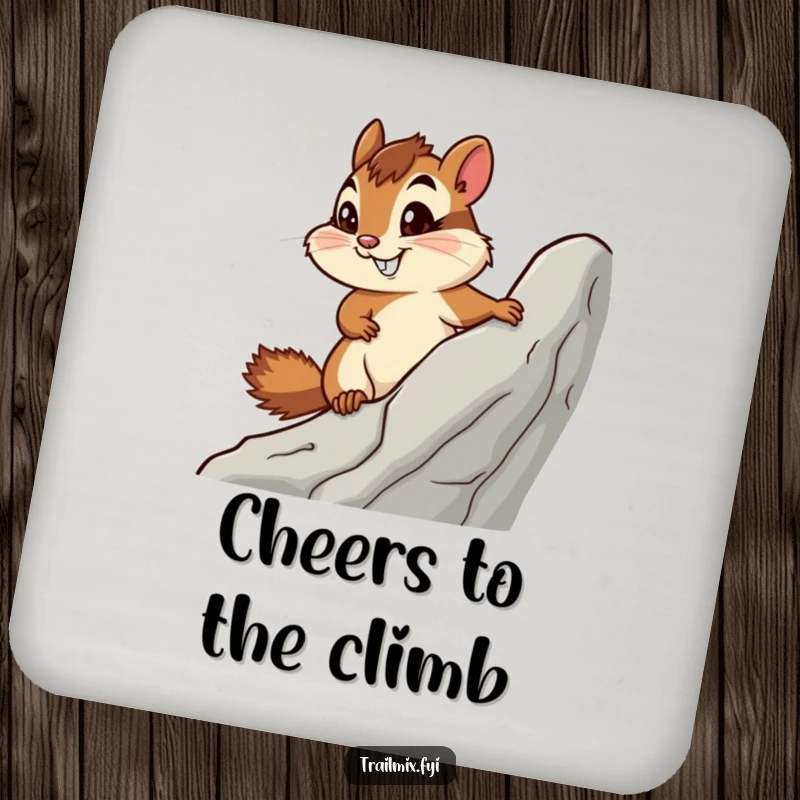 Funny coaster featuring a determined chipmunk climbing a rock, offering adventurous and humorous surface protection.