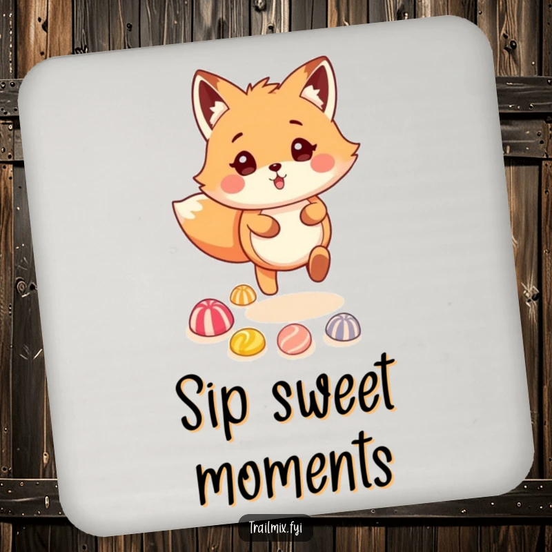 Funny fox skipping on a colorful candy trail on a protective drink coaster, a humorous home accessory.