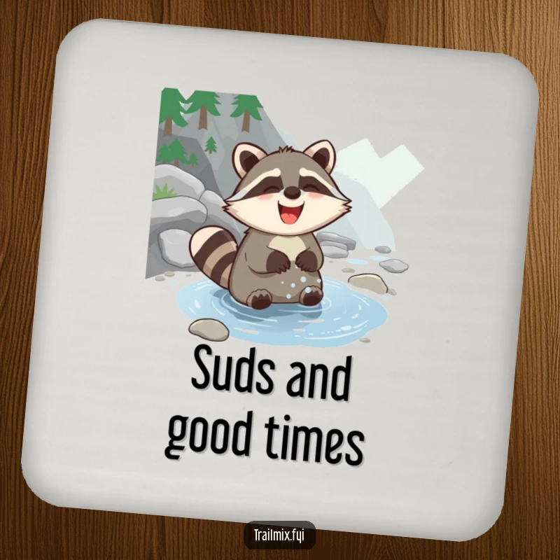 Funny Raccoon Coasters set showing a happy raccoon washing paws in a stream, offering a humorous touch to home decor.