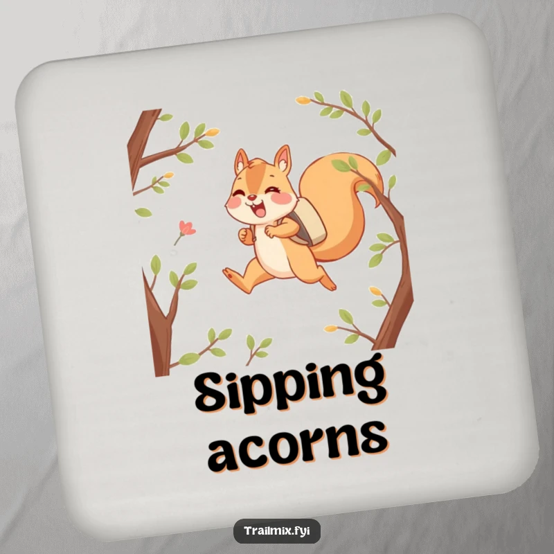Funny coasters featuring a happy squirrel character joyfully leaping between branches with a backpack, protecting surfaces with woodland vibes.
