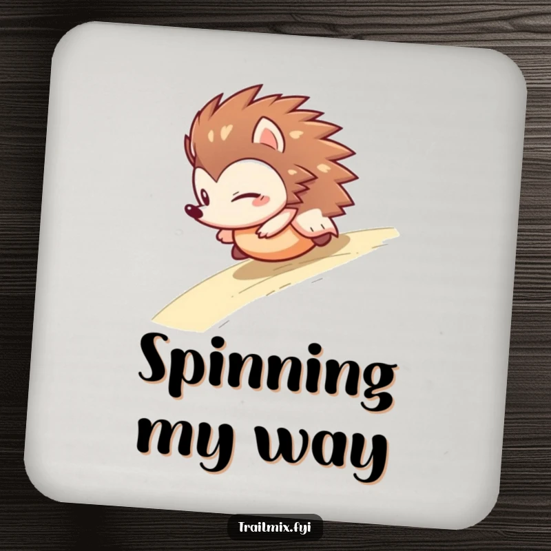 Funny hedgehog drink coaster depicting a determined character rolling downhill, adding a humorous and spirited touch to any beverage setting.