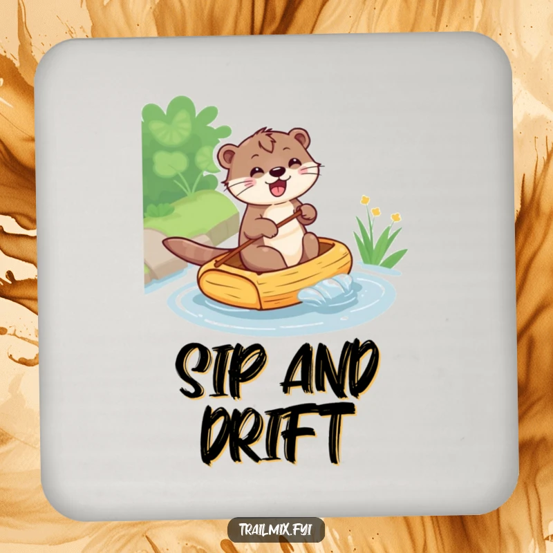 Funny drink coaster featuring a cheerful otter paddling a raft, offering surface protection with a humorous, aquatic design.