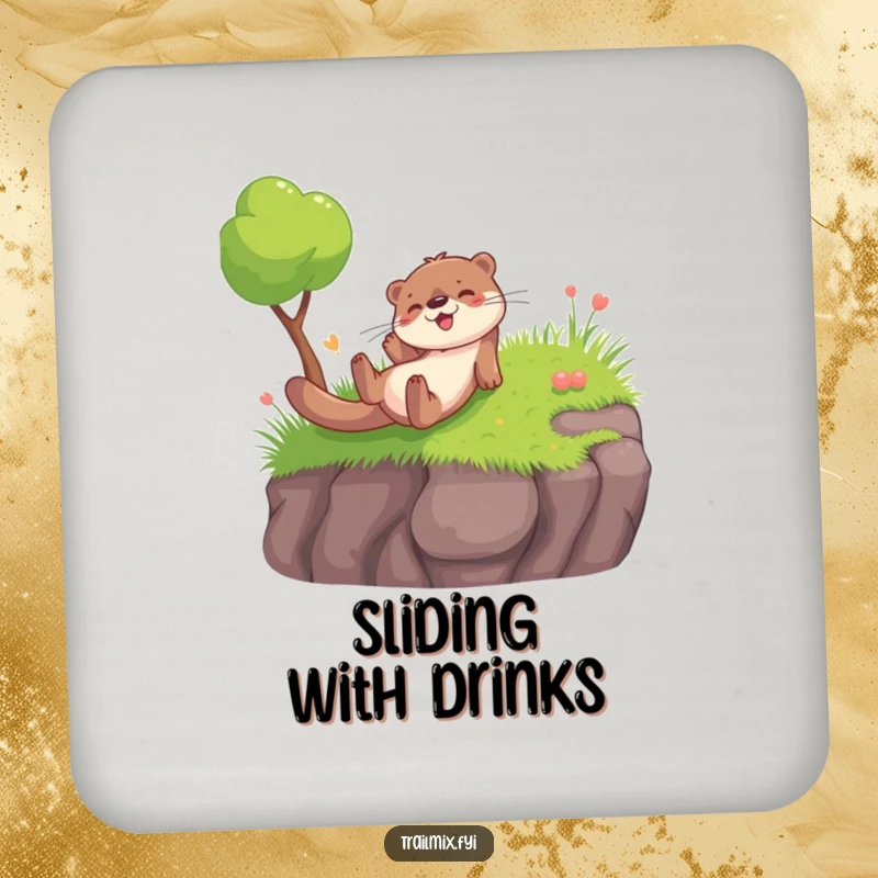 Funny coasters featuring a playful otter sliding down a grassy embankment, adding humorous charm and protecting your surfaces.