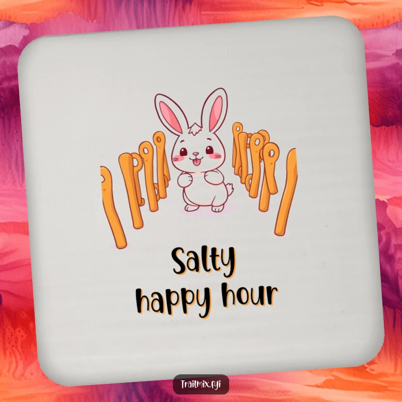 Funny smiling rabbit character happily navigating a maze of pretzel sticks on a drink coaster.