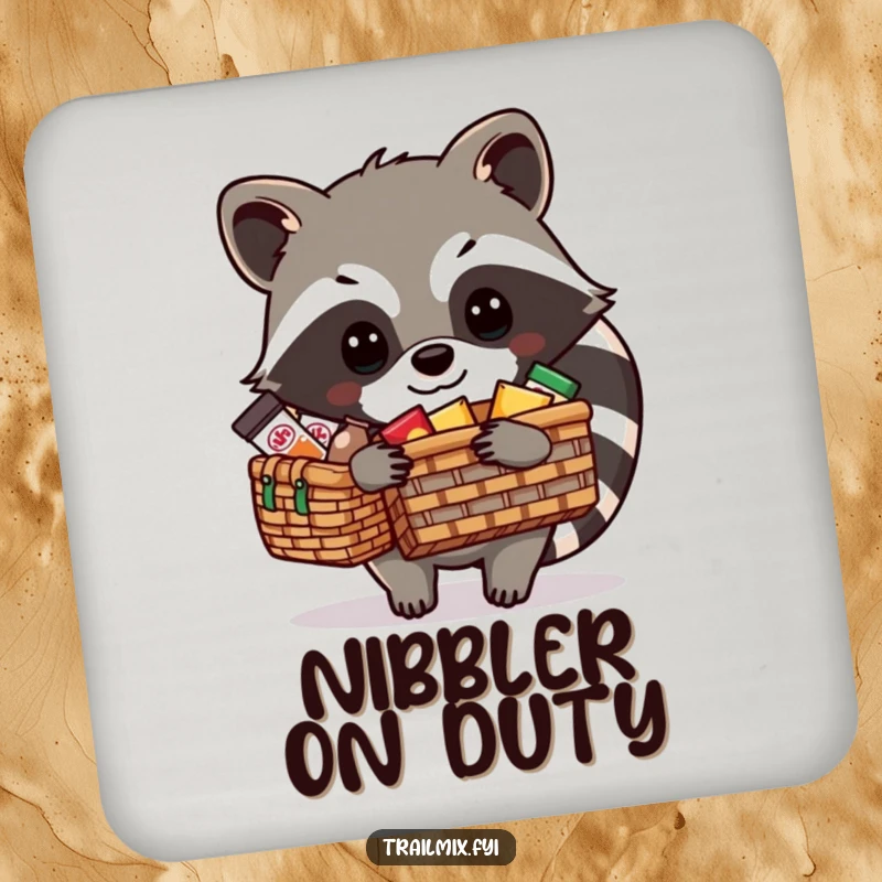 Funny Raccoon Coaster: A resourceful raccoon is packing a picnic basket, adding a humorous touch to protect your drinks.
