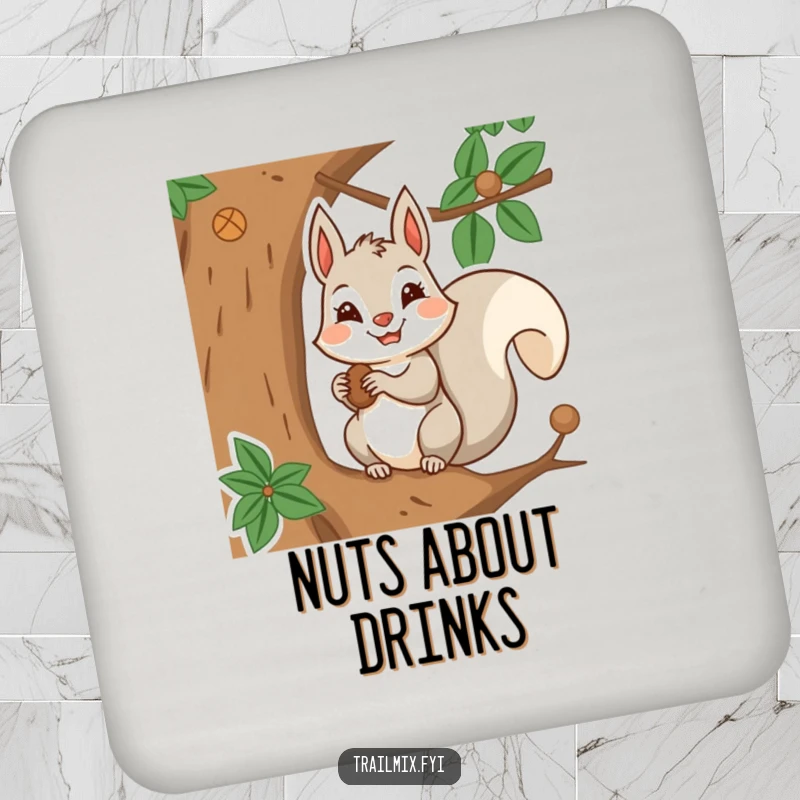 Funny drink coasters showing a determined squirrel character storing nuts in a tree, adding a functional and humorous touch.