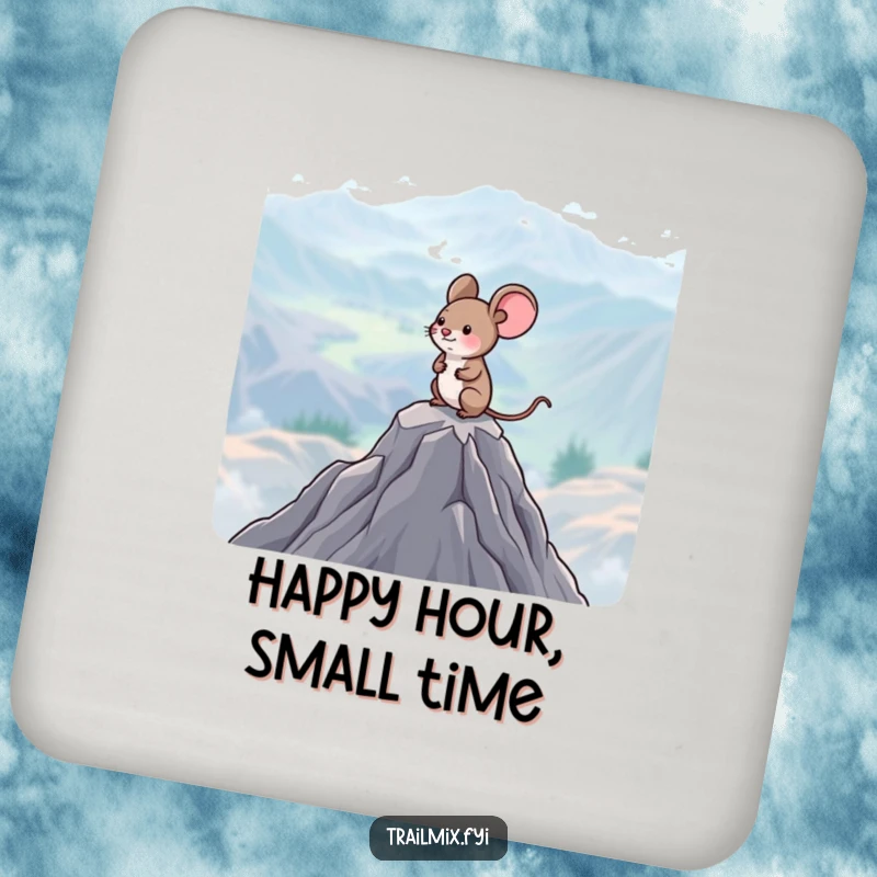 Funny Mouse Coaster: A happy little mouse surveys a vast landscape from a mountain peak, protecting surfaces with humor.