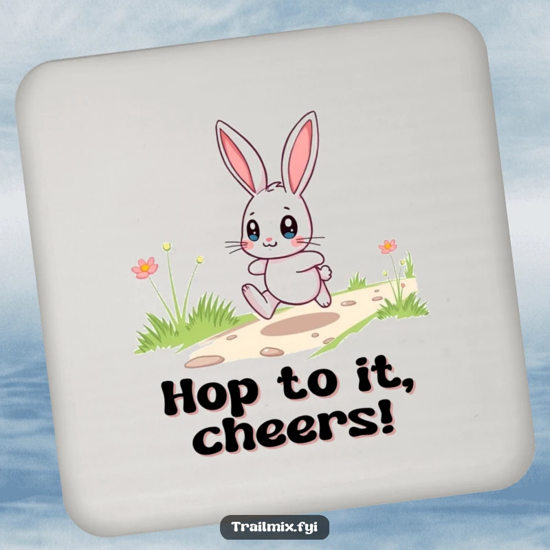Funny playful bunny hopping with wide eyes on drink coasters, adding a humorous and protective touch.