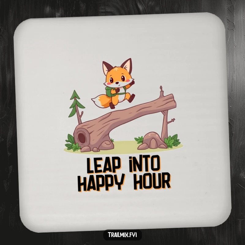 Funny fox hiker coaster, leaping action, protects furniture, adds humorous woodland flair.