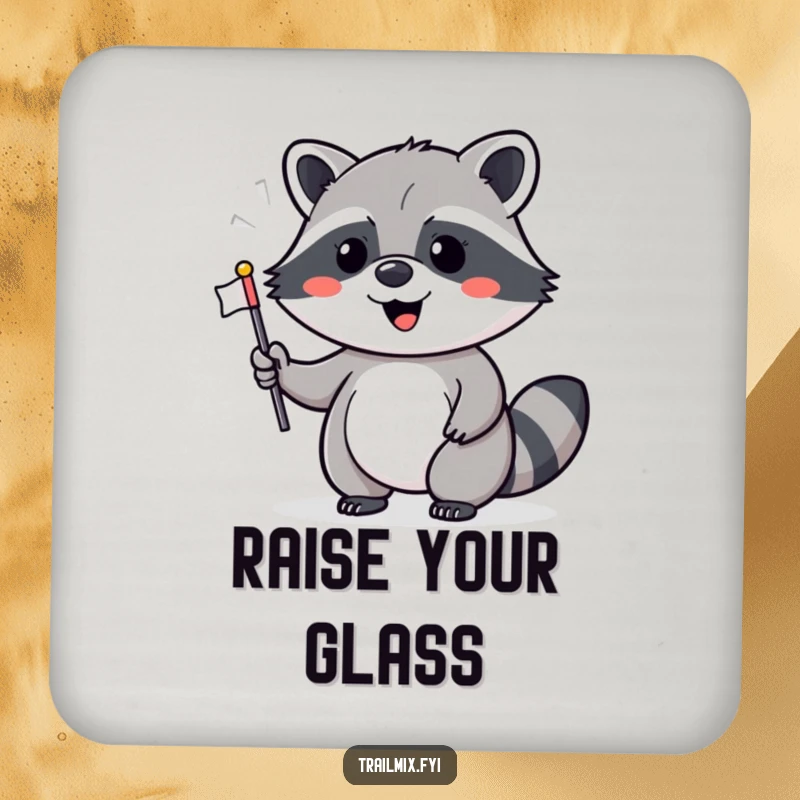 Funny drink coaster with a cheerful raccoon waving a flag, offering table protection and a splash of funny, celebratory art.