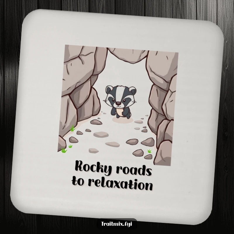 Funny drink coaster featuring a determined badger character forging ahead on a rocky path, adding a resilient touch.