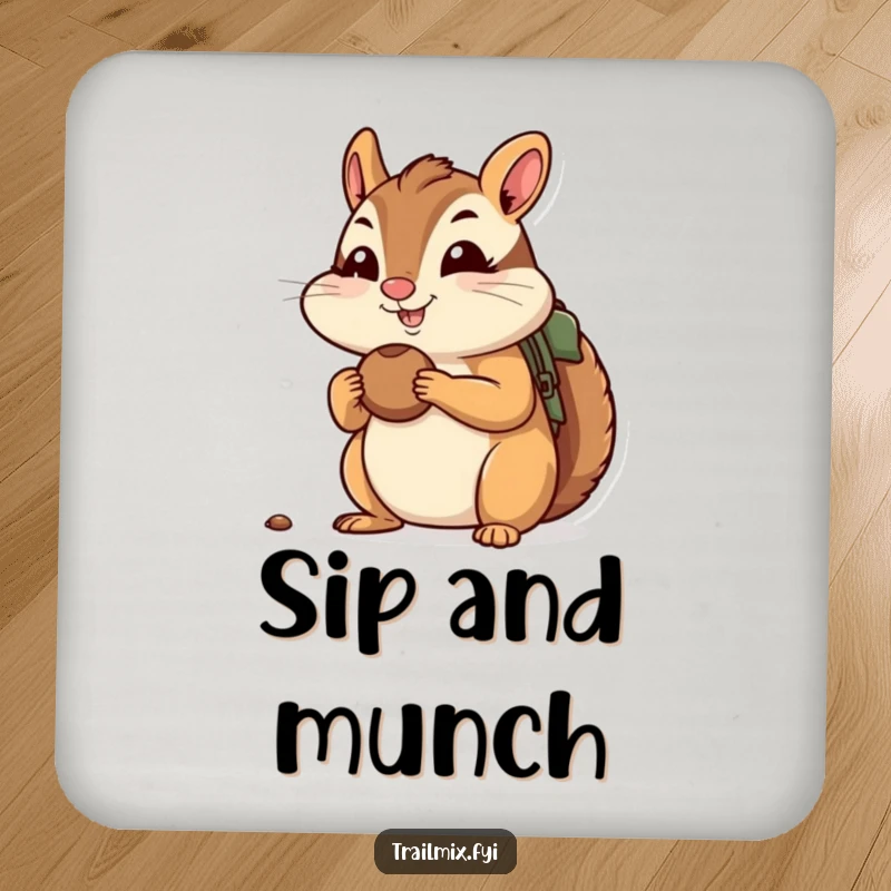 Funny drink coaster set of a cheerful chipmunk stuffing its cheeks with nuts, ready for a hike, protecting surfaces with humor.